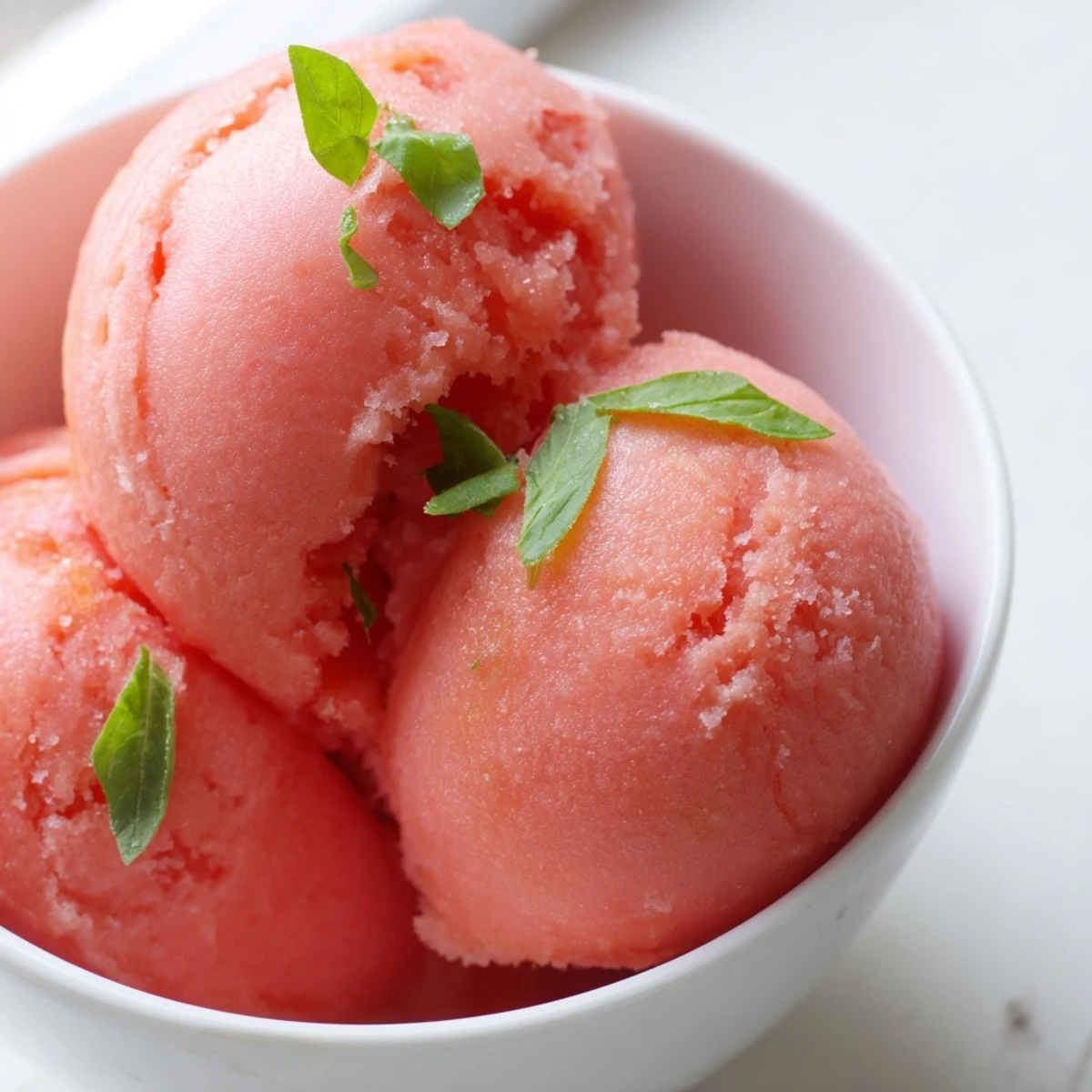 Freshly churned Pink Grapefruit Sorbet with Basil served beside a slice of grapefruit and a sprig of basil.