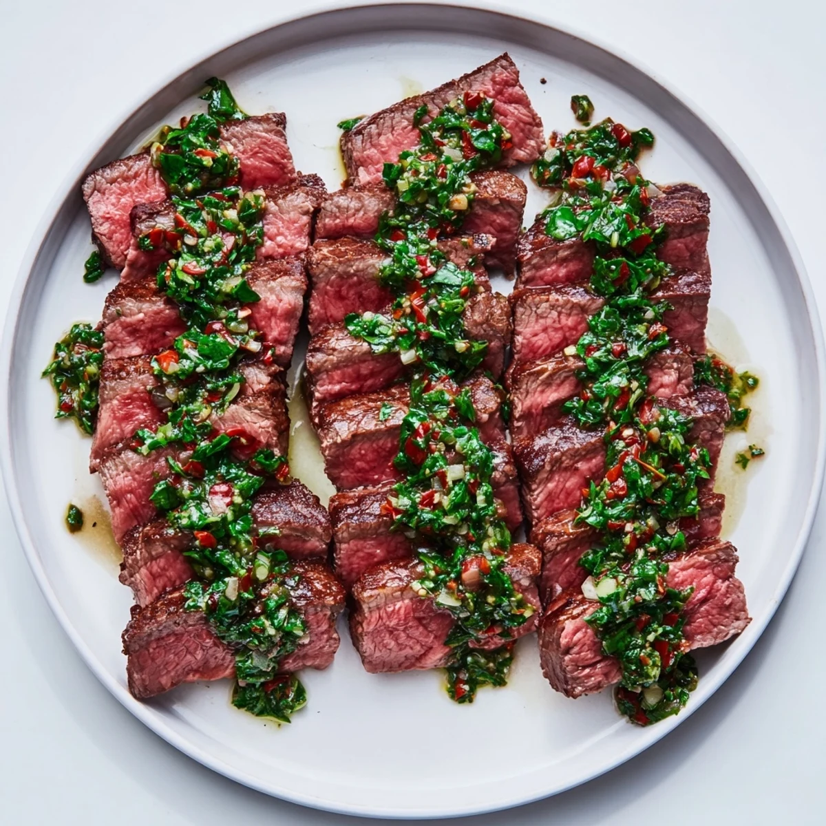 Perfectly seared ribeye steak sliced and drizzled with homemade chimichurri sauce, served with roasted potatoes for dinner.