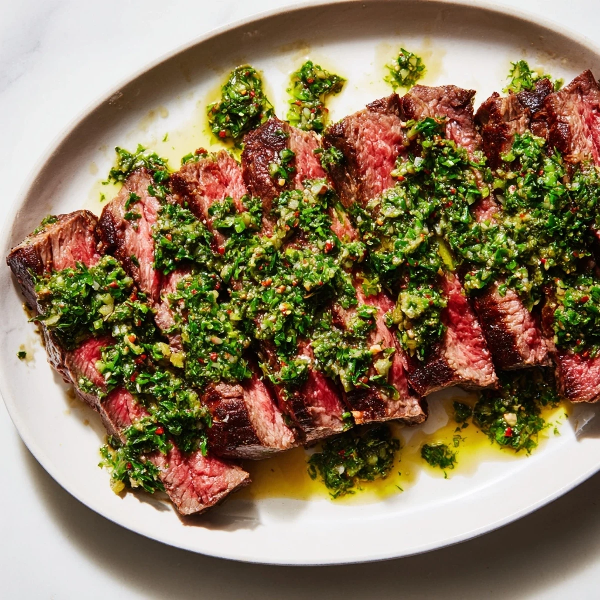 Golden brown crust on Pan Seared Steak with Chimichurri, with vibrant green sauce and a slice of lemon on the side.