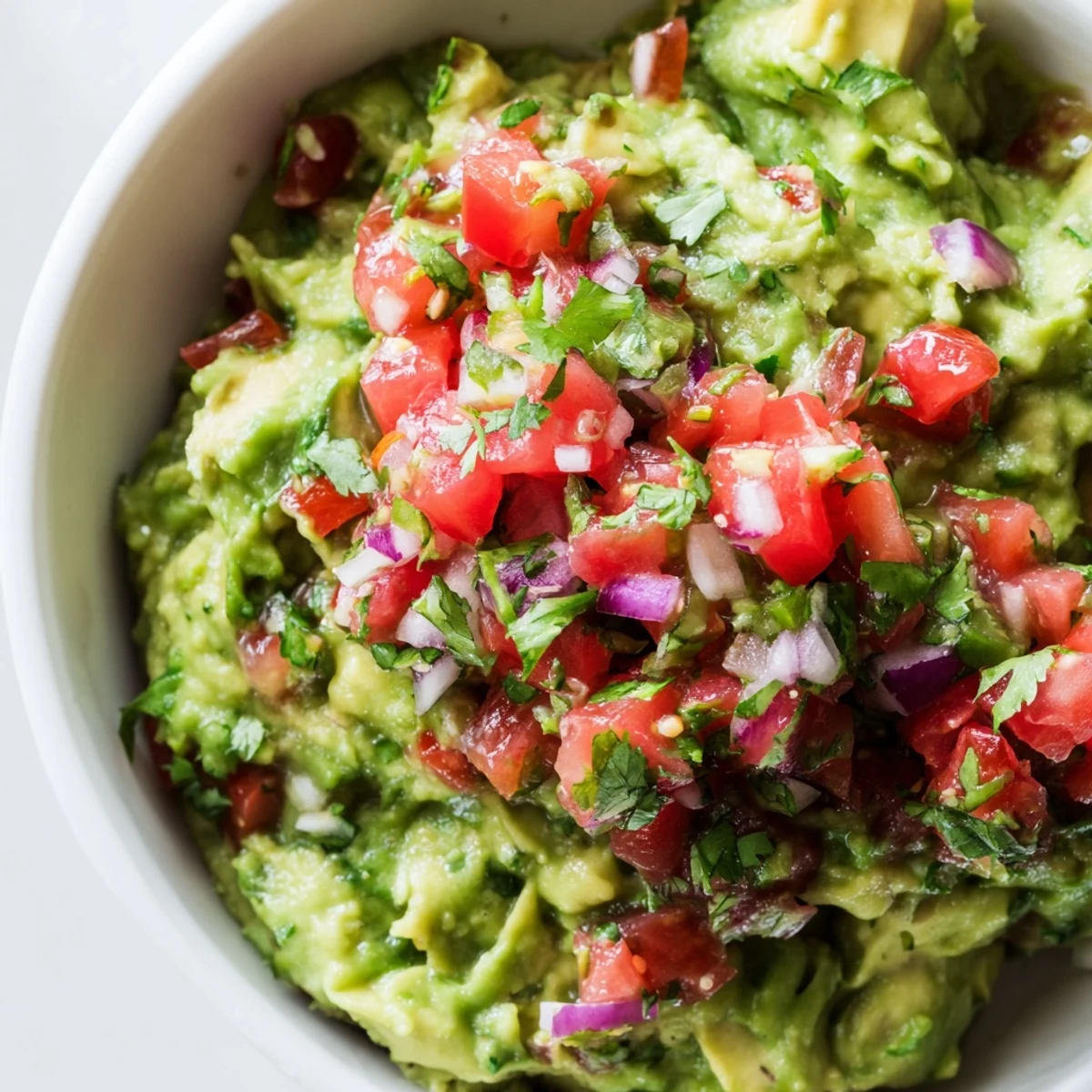 Vibrant creamy guacamole topped with a chunky fresh pico de gallo salsa, ready for dipping with tortilla chips.