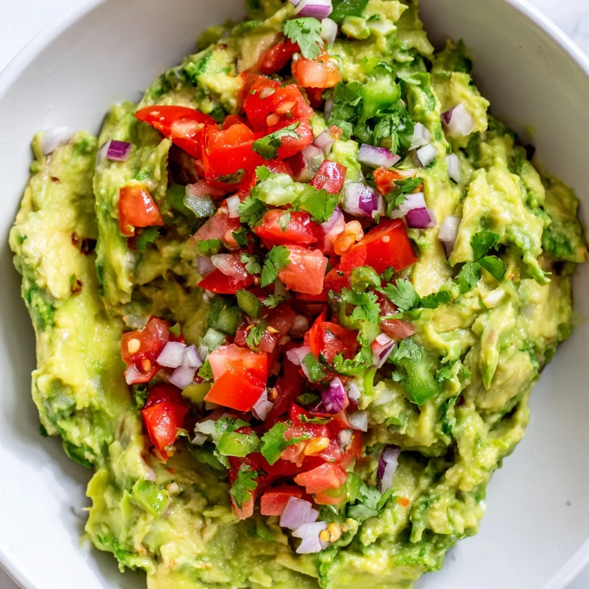 A close-up of guacamole with chunky pico de gallo, garnished with cilantro and served as a party appetizer.