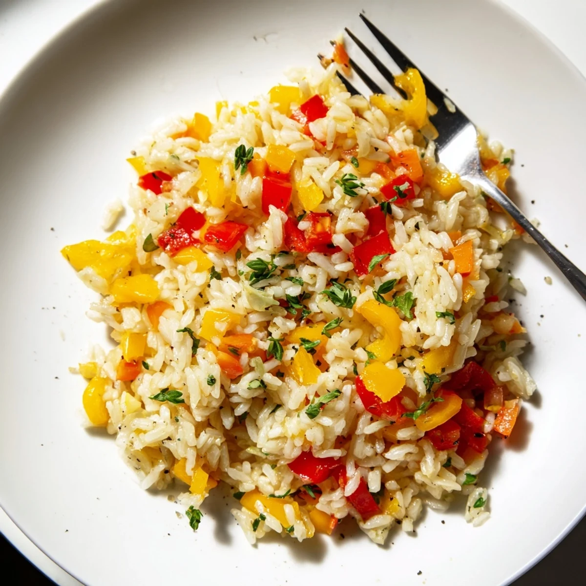 Fork-fluffed Rice Pilaf with Peppers and Onions highlights fluffy grains alongside bright red and yellow peppers and onions on a white plate.