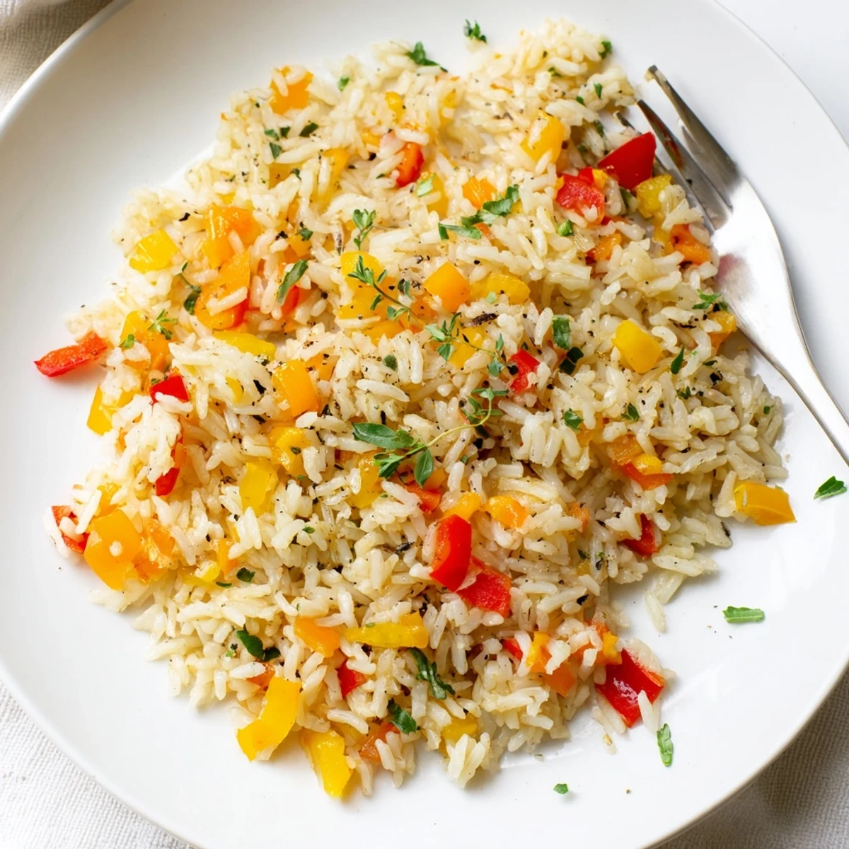 A close-up of aromatic Rice Pilaf with Peppers and Onions, showcasing tender sautéed onions and sweet bell peppers steaming beside a fork.