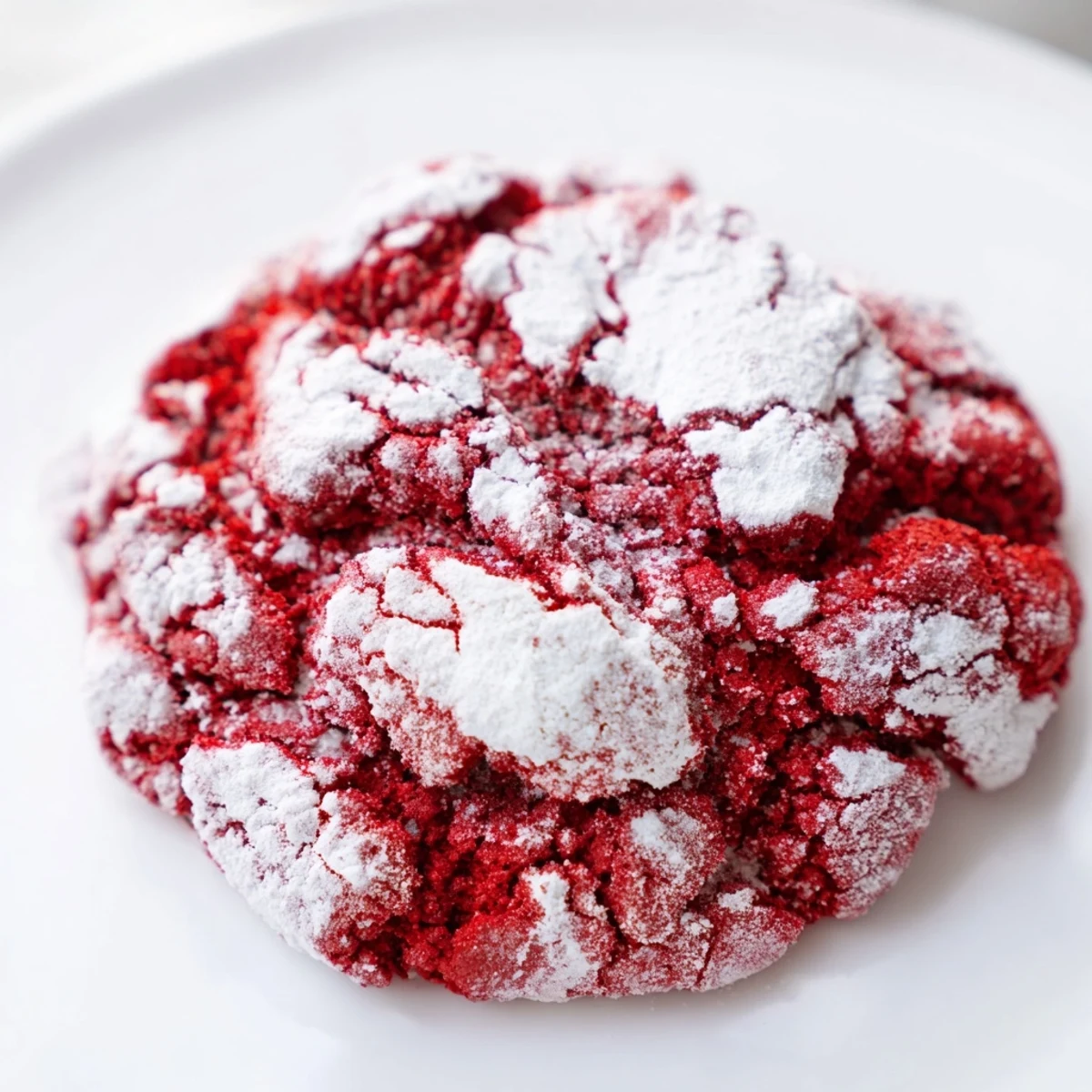 A close-up of Red Velvet Crinkle Cookies with powdered sugar on a rustic wooden board. Soft, chewy red velvet cookies with a hint of cocoa, rolled in powdered sugar for a crackled, festive finish—perfect for holidays or any sweet craving.