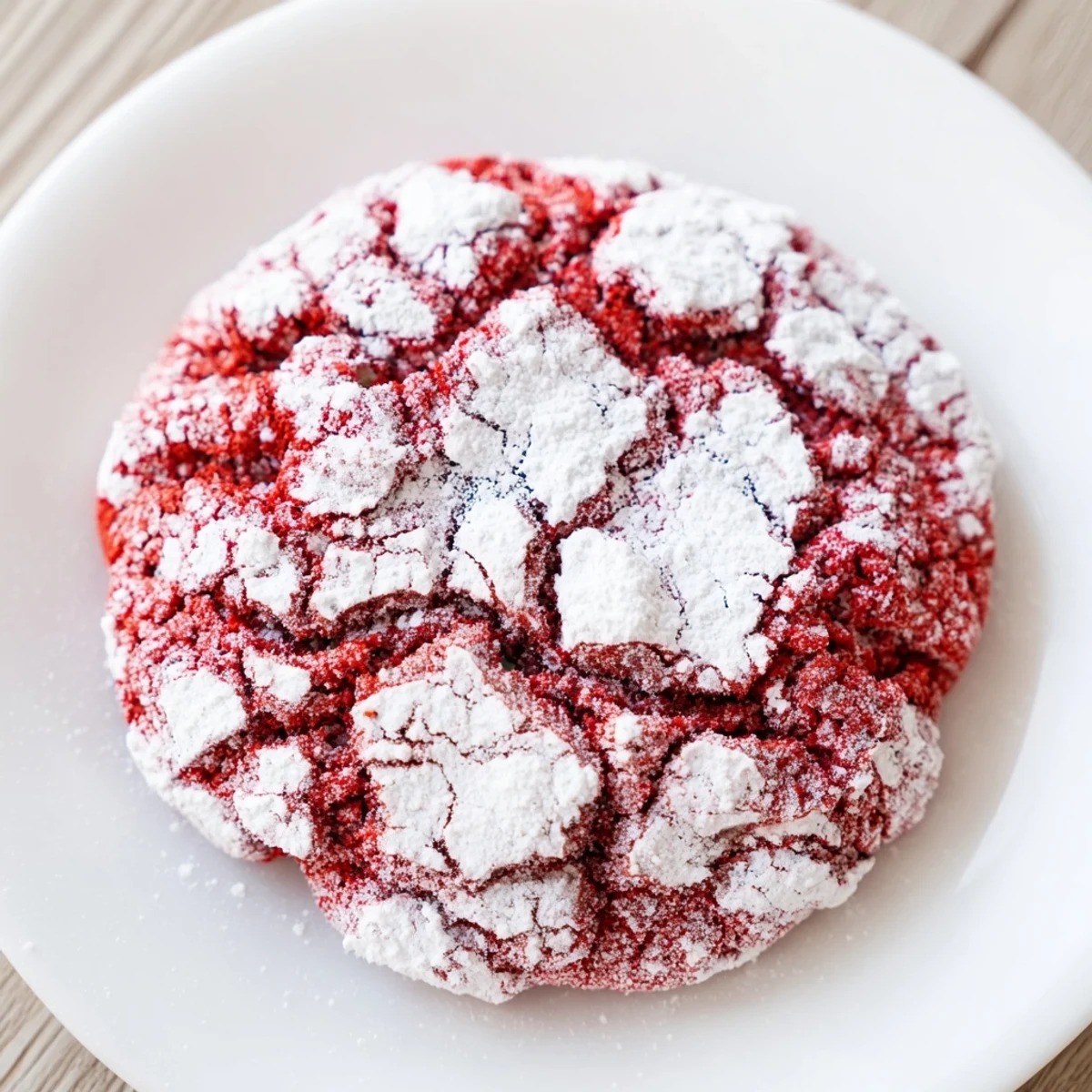Freshly baked Red Velvet Crinkle Cookies arranged in a circle on a white plate, showcasing their vibrant red crinkled centers. Soft, chewy red velvet cookies with a hint of cocoa, rolled in powdered sugar for a crackled, festive finish—perfect for holidays or any sweet craving.