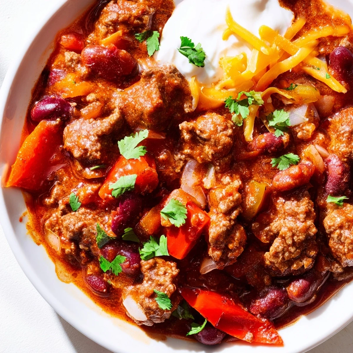 A steaming bowl of Beef Chili with Kidney Beans topped with sour cream and fresh cilantro.