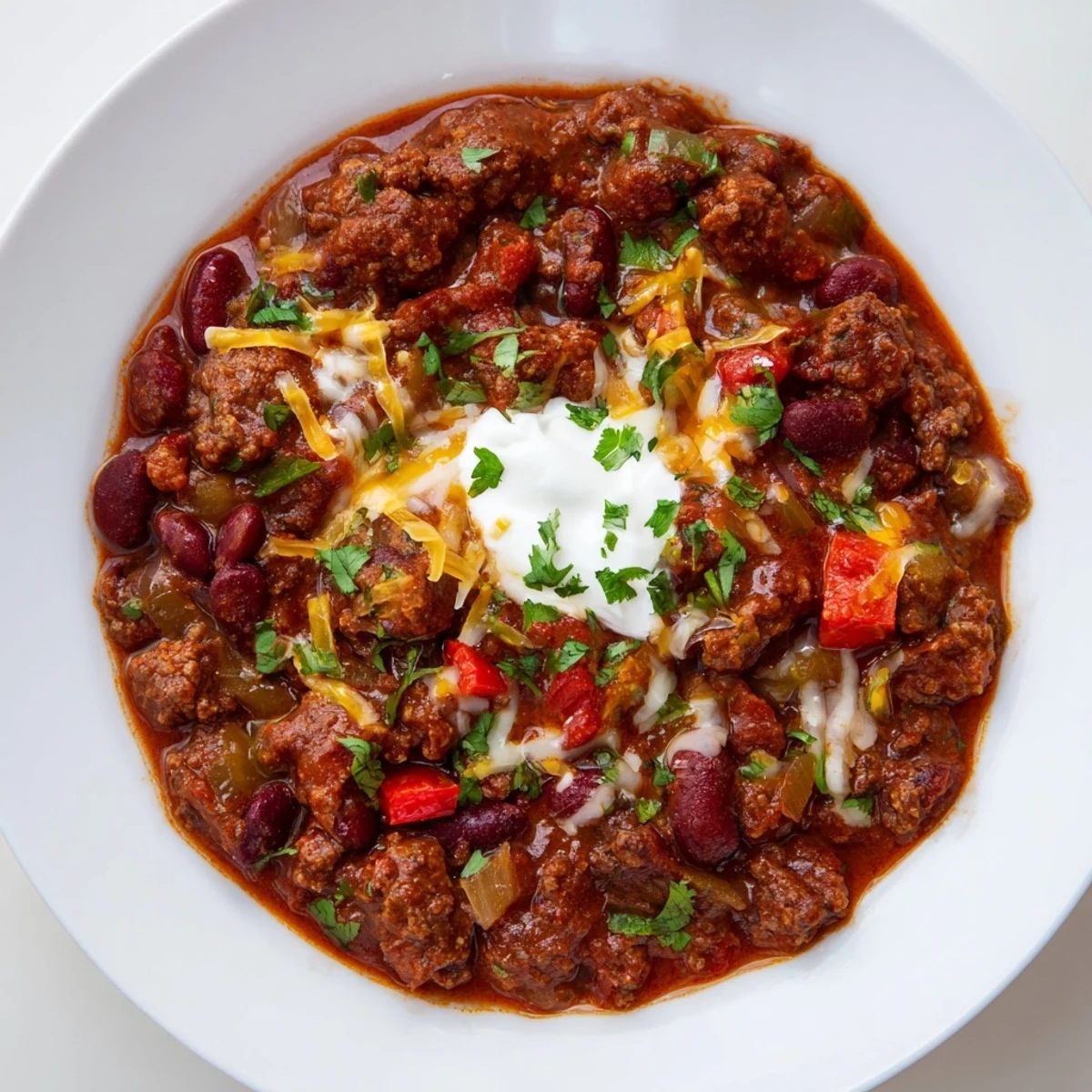 Hearty Beef Chili with Kidney Beans simmered with tomatoes and spices in a rustic pot.