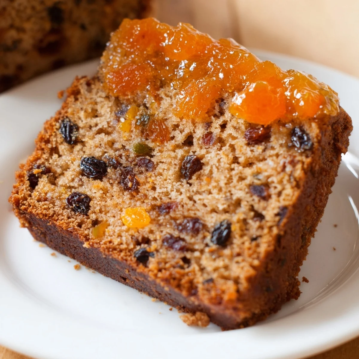 Warm Irish Tea Cake with Dried Fruit and Spices, sliced to reveal fragrant cinnamon and nutmeg spices alongside soaked dried fruits.