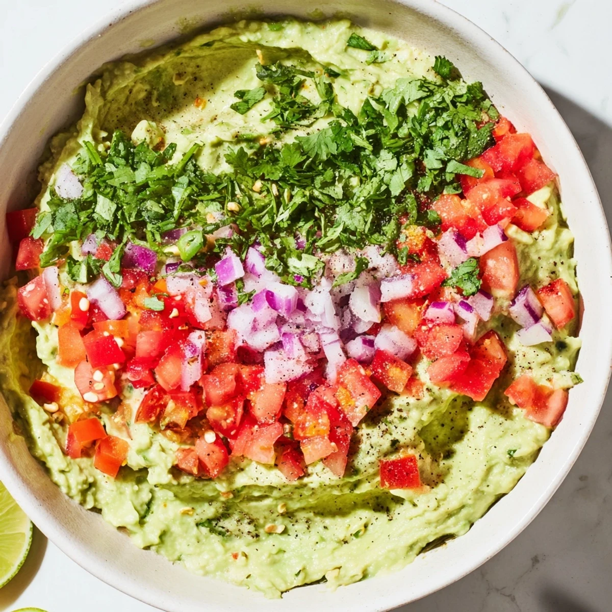 Creamy avocado guacamole topped with chunky, zesty pico de gallo, served with crunchy tortilla chips for dipping.
