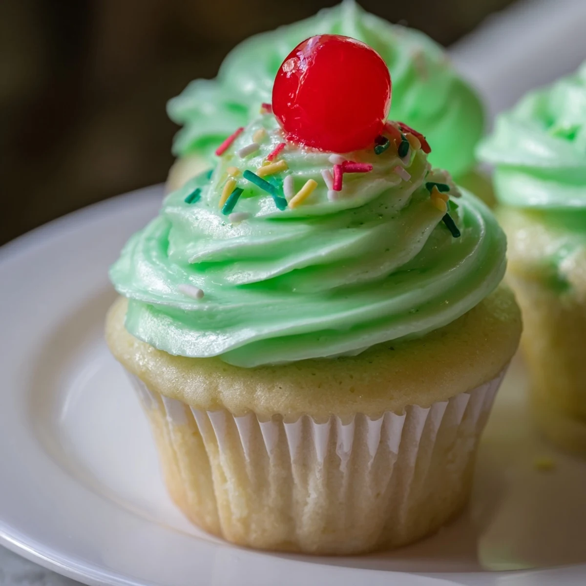 A close-up of Shamrock Shake Cupcakes with Mint Frosting, vibrant green frosting swirled high on moist vanilla cupcakes, with sprinkles on top.  
