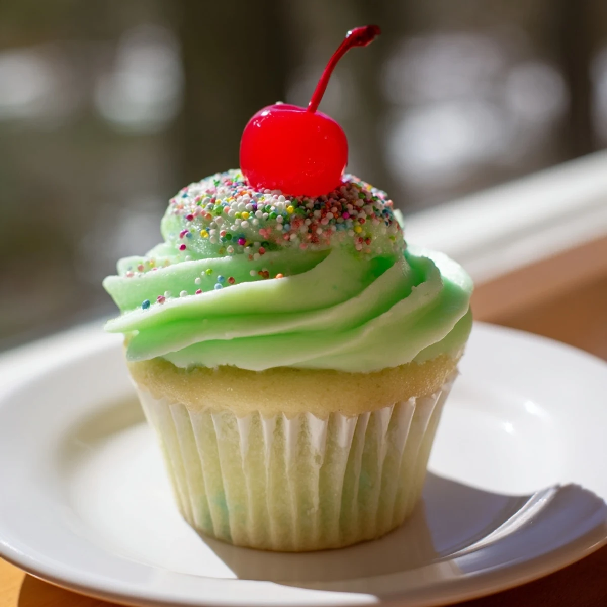 Moist Shamrock Shake Cupcakes with Mint Frosting sit on a white plate, ready to be served at a St. Patrick’s Day celebration.  