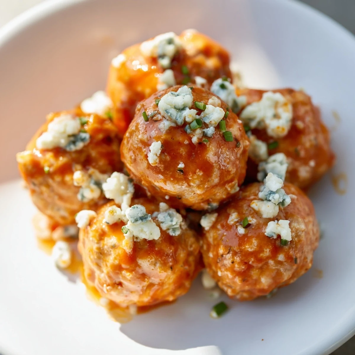 Tender, oven-baked Buffalo Chicken Meatballs with Blue Cheese piled high, garnished with fresh chives and paired with crunchy vegetable sticks for the ultimate game-day appetizer spread.