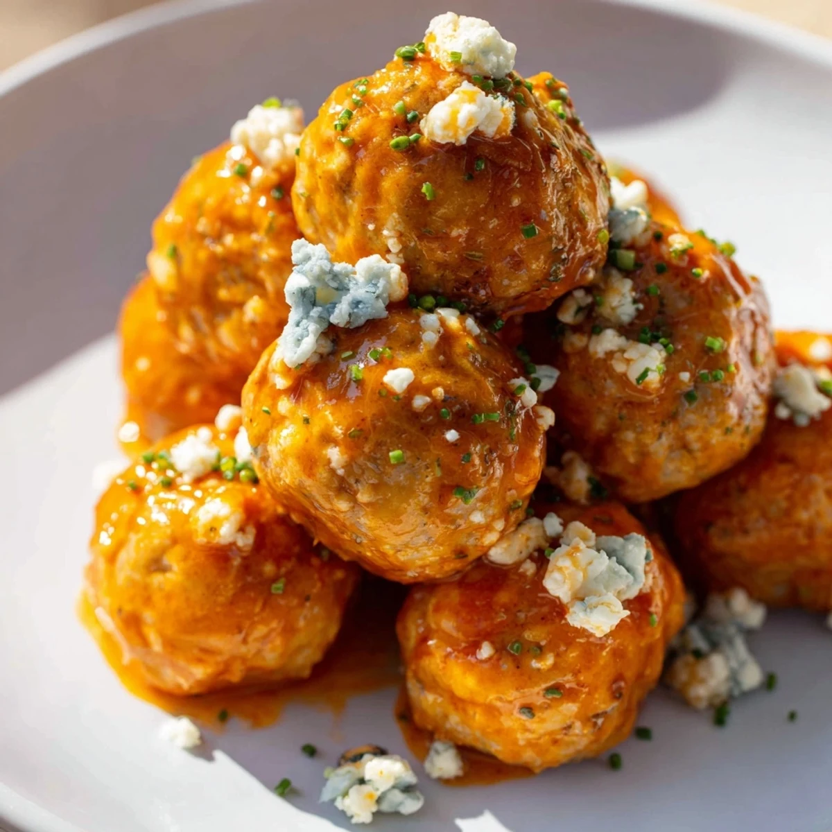 This Buffalo Chicken Meatballs with Blue Cheese recipe features juicy, spice-dusted meatballs tossed in rich sauce, topped with bold blue cheese crumbles on a white serving plate.