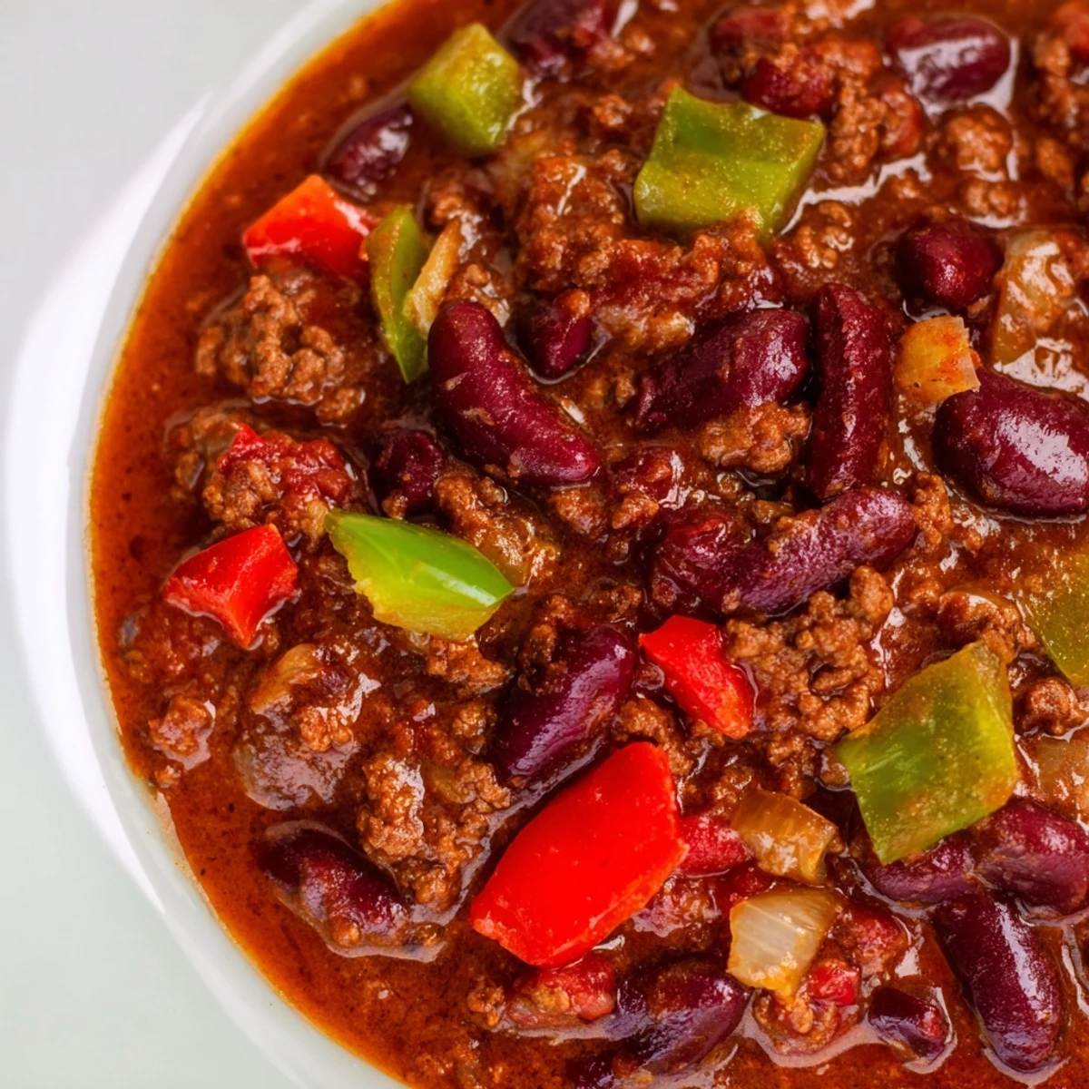 A warm bowl of Beef Chili with Kidney Beans and Tomatoes, topped with creamy sour cream and fresh cilantro.