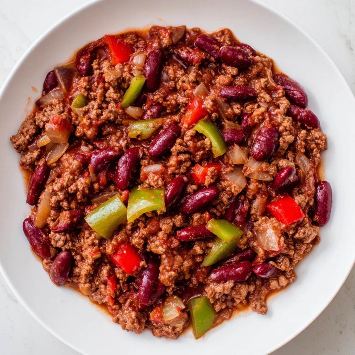 Hearty Beef Chili with Kidney Beans and Tomatoes simmering in a pot, with rich red sauce and aromatic spices.