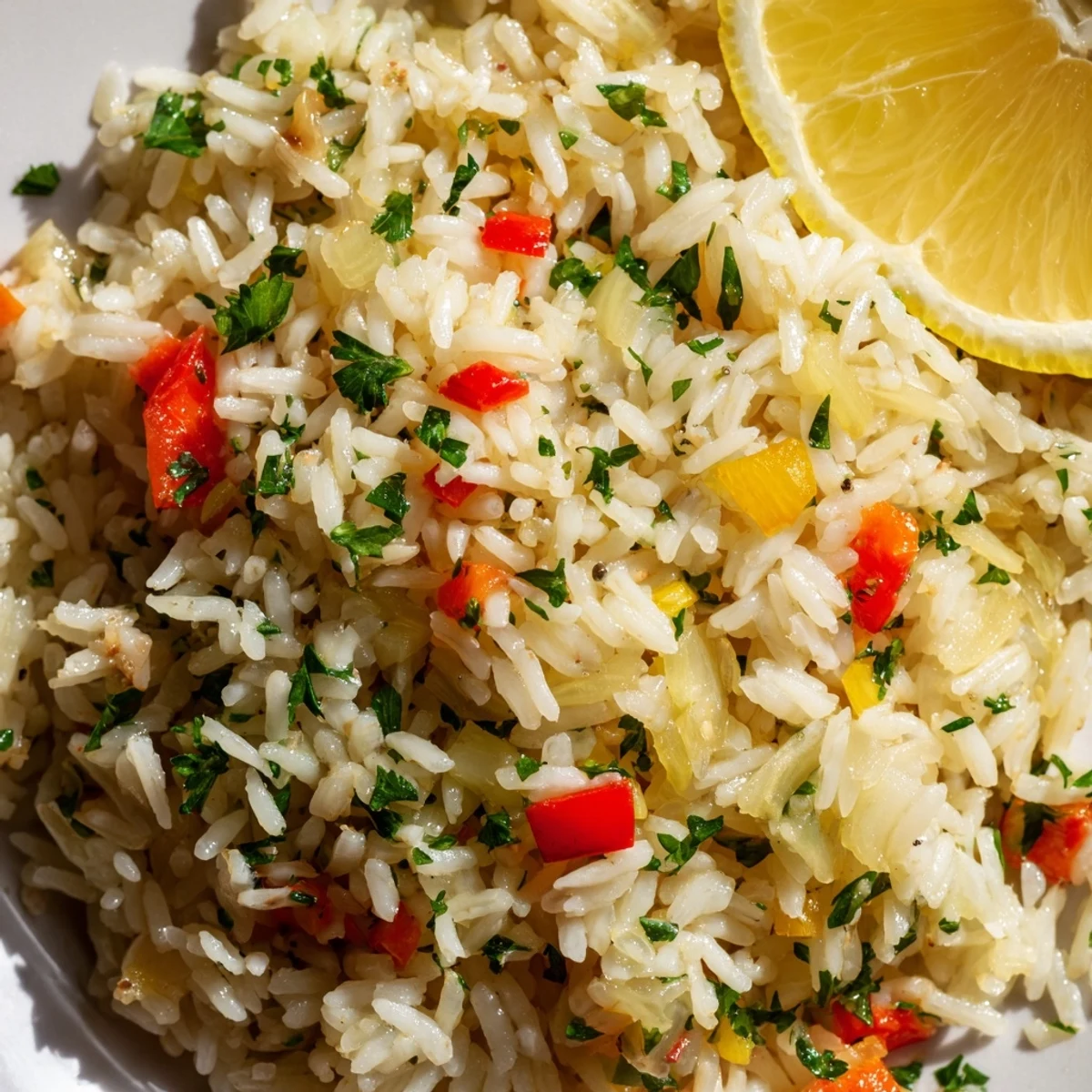 A close-up of Rice Pilaf with Peppers and Onions, showcasing fluffy grains mixed with vibrant red and green bell peppers and tender onions in a rustic ceramic bowl.