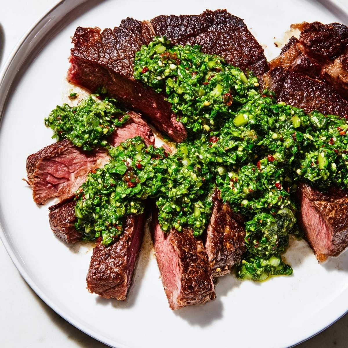 Thick ribeye steak topped with vibrant green Pan Seared Steak with Chimichurri Sauce, sliced to reveal a perfect medium-rare interior.