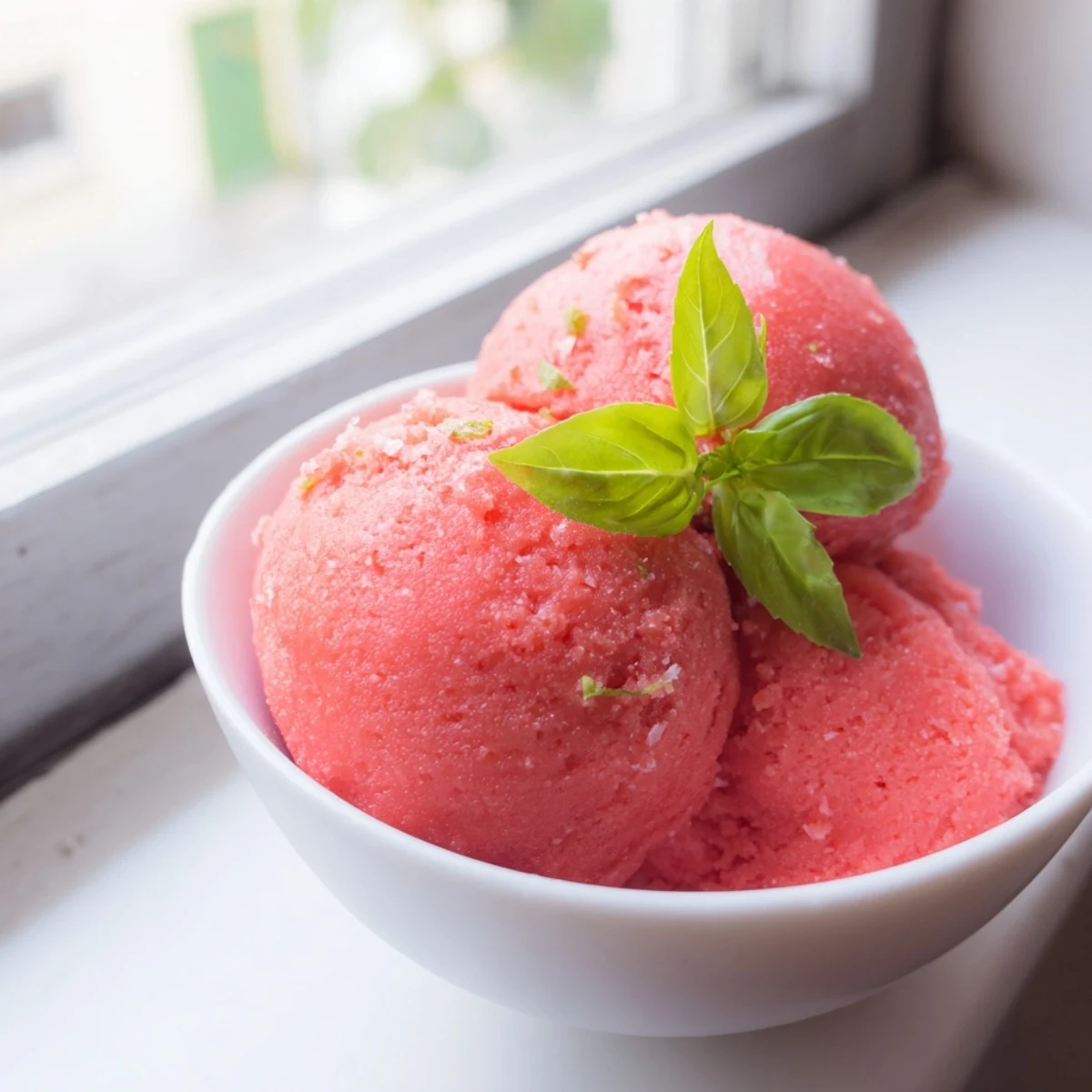 Freshly scooped Pink Grapefruit Sorbet with Basil Garnish served in a clear glass bowl, highlighting the vibrant pink hue and refreshing tang.