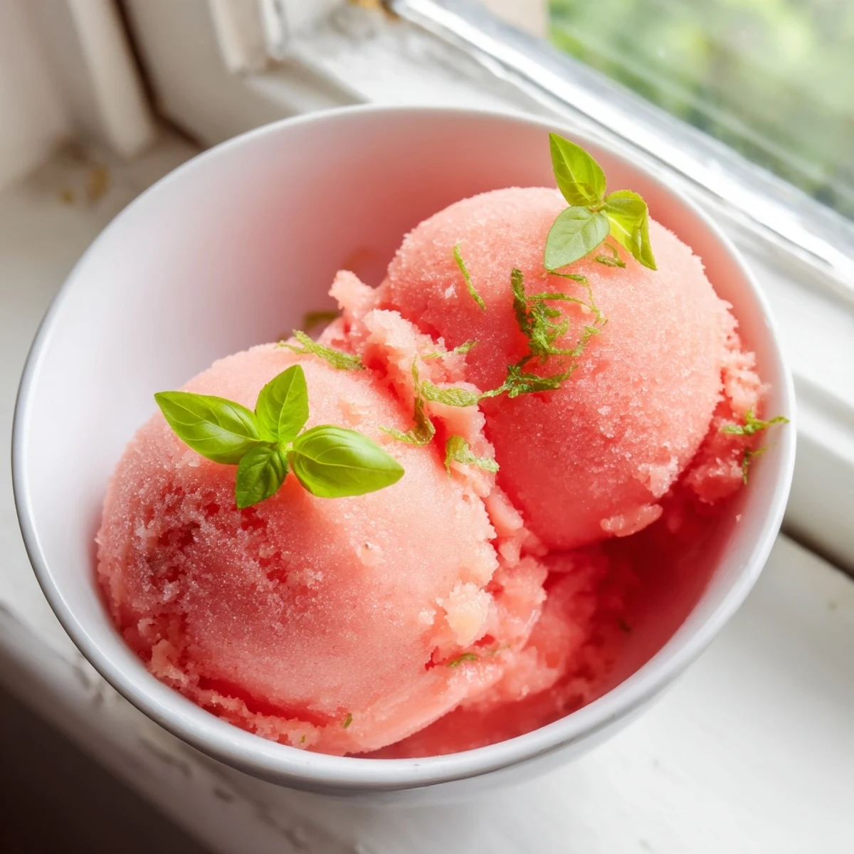 Homemade Pink Grapefruit Sorbet with Basil Garnish displayed in a freezer-safe container, ready to be scooped and enjoyed.