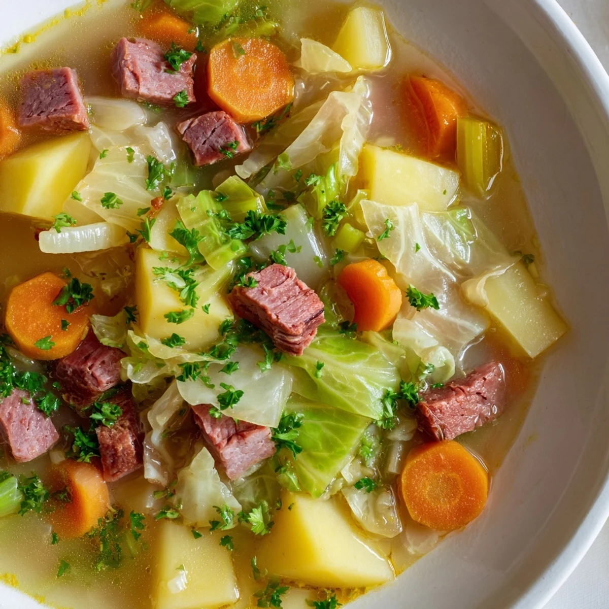 Hearty bowl of Corned Beef and Cabbage Soup with tender shredded beef and diced potatoes, steaming in a rustic kitchen.