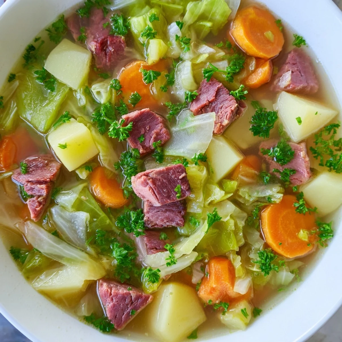 Bright green cabbage and orange carrots float in Corned Beef and Cabbage Soup, garnished with fresh parsley and rye bread on the side.