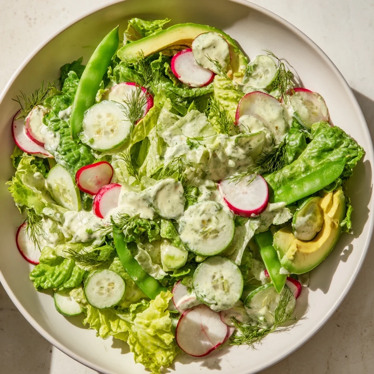 A crisp Green Salad with Green Goddess Dressing features vibrant greens, crunchy cucumbers, and creamy avocado slices.