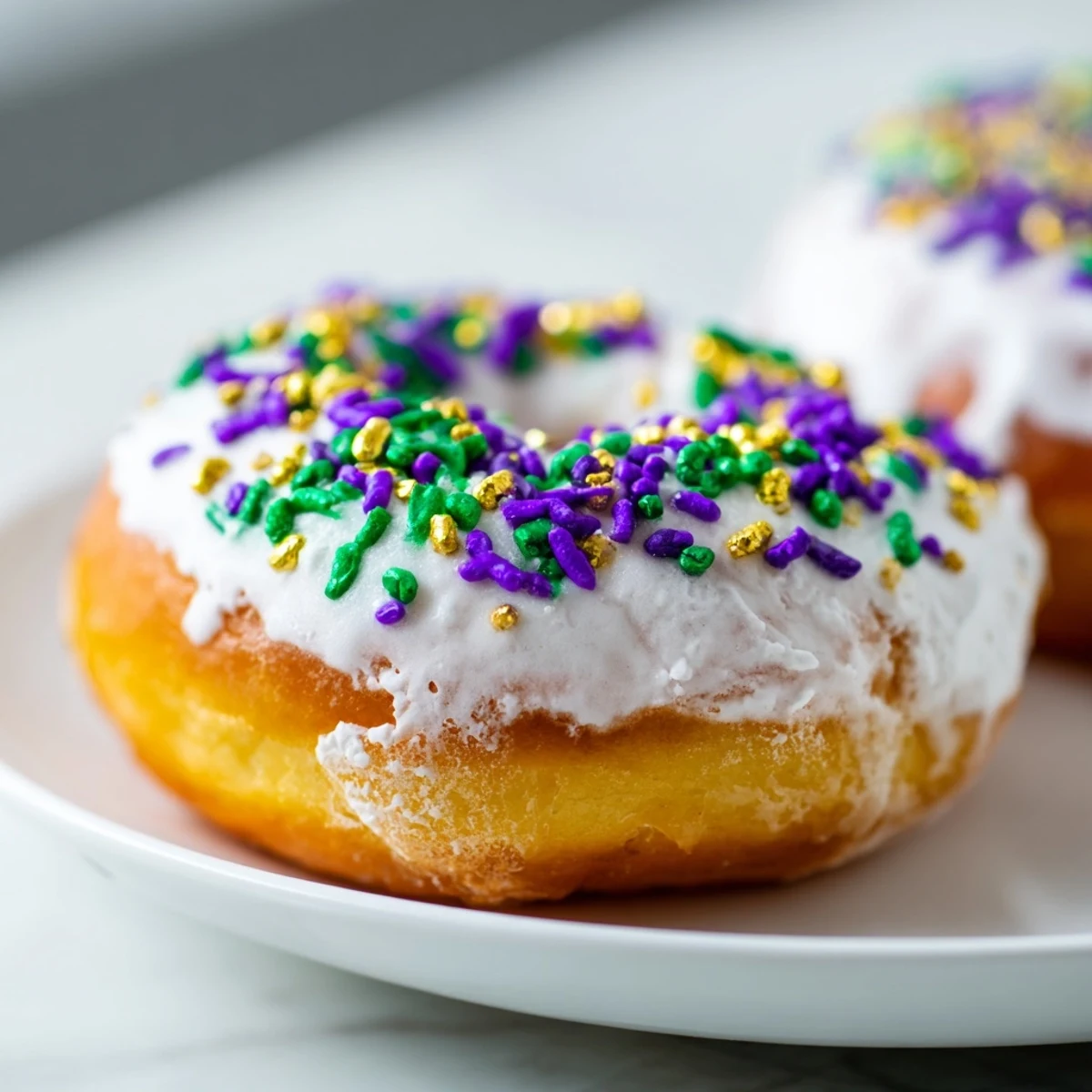 Golden-brown Mardi Gras King Cake Donuts fresh from the oven, drizzled with sweet icing and dusted with purple, green, and gold sprinkles on a wire rack.