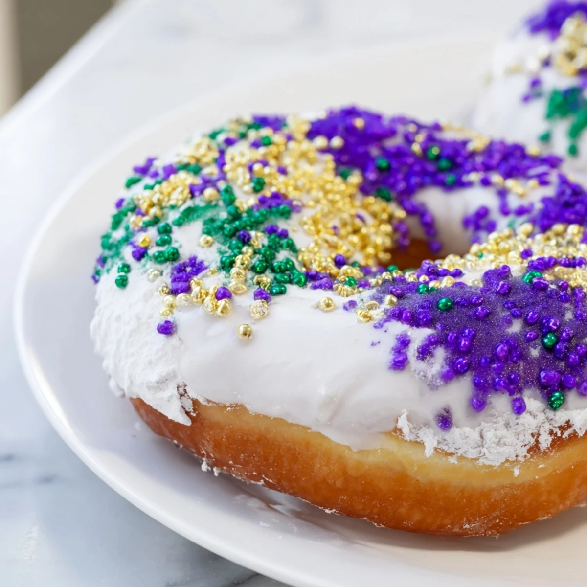 A close-up of a Mardi Gras King Cake Donut with a cream cheese filling peeking out, topped with vibrant Mardi Gras colors and a cup of coffee nearby.