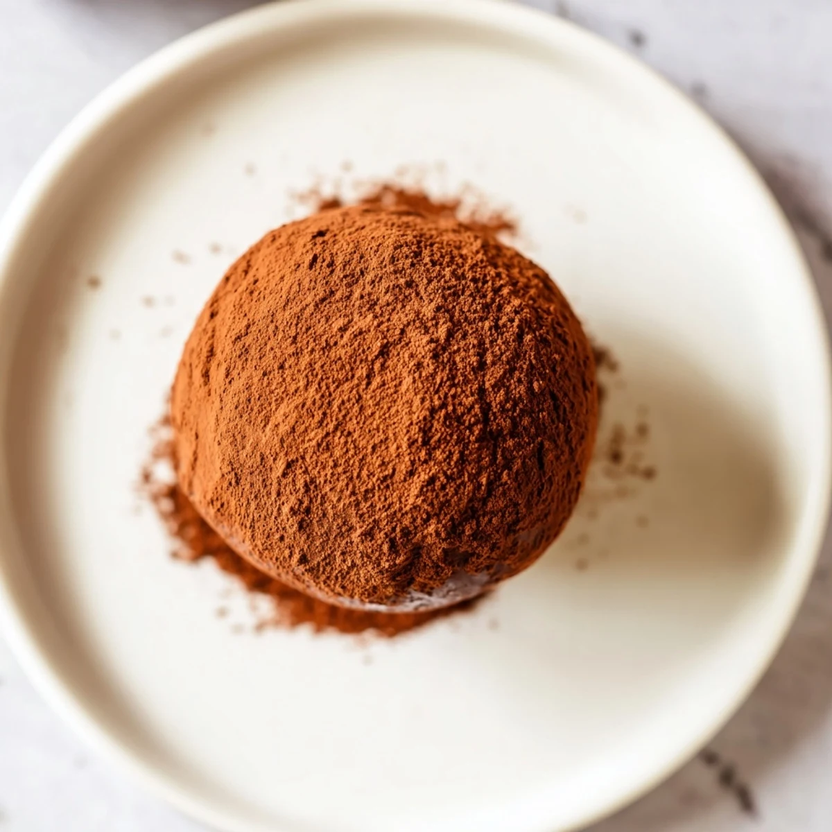 Hand-rolled Irish Cream Truffles dusted with cocoa, presented on a cool surface ready for sweet indulgence.