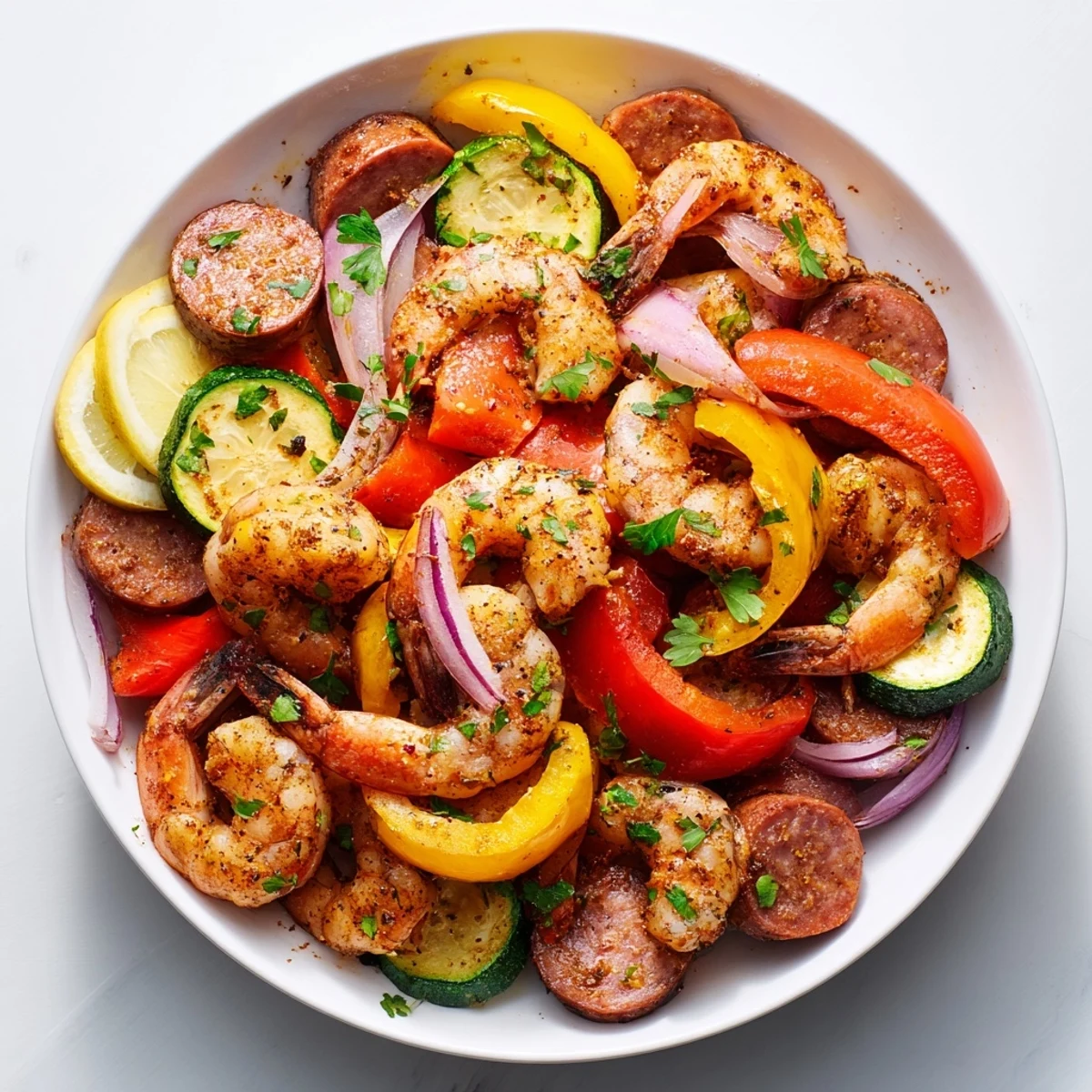 A vibrant skillet of Cajun Shrimp and Sausage, featuring pink shrimp, smoky sausage, and colorful bell peppers glistening with spices.