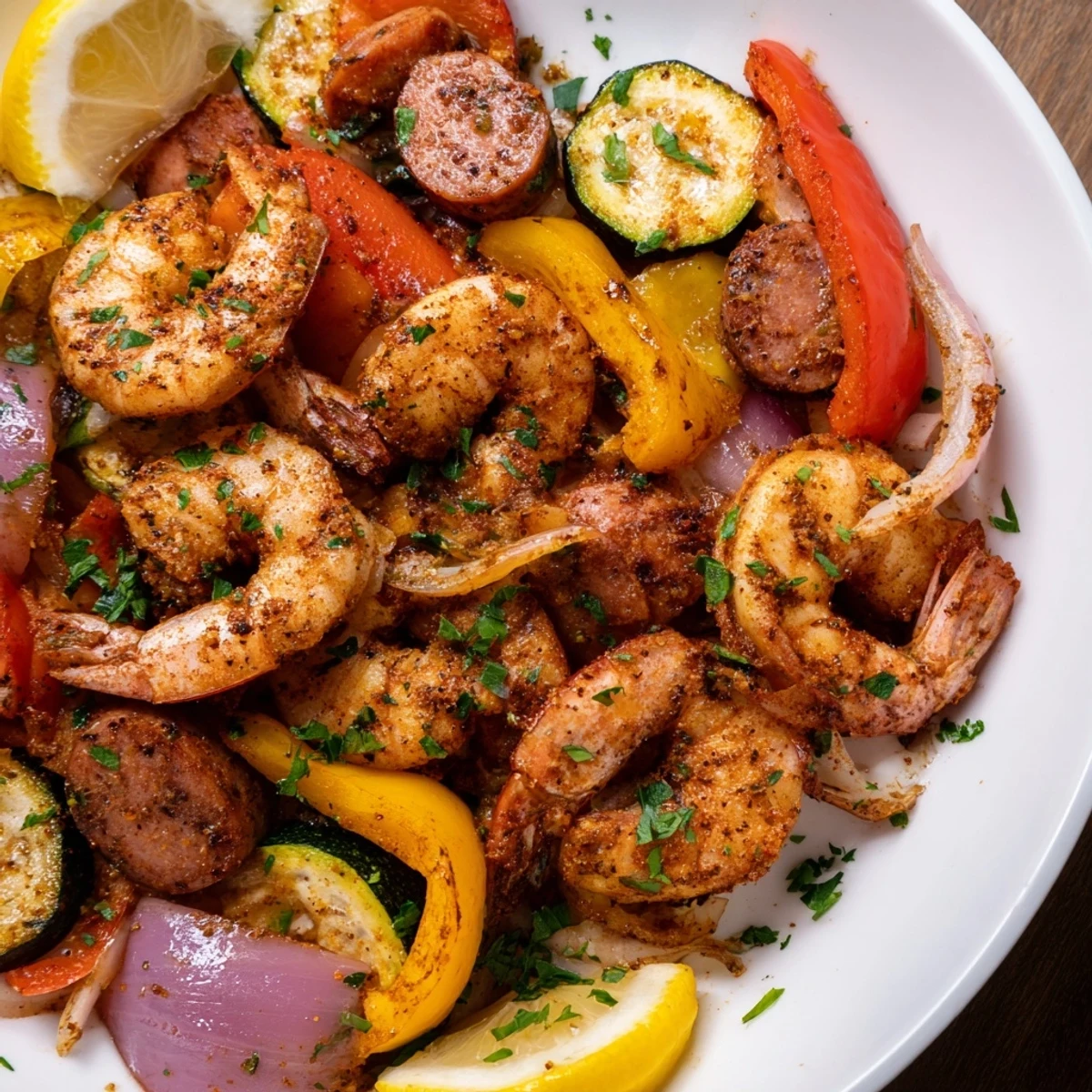 Sizzling Cajun Shrimp and Sausage skillet with red and yellow bell peppers, zucchini, and onions, garnished with chopped fresh parsley.