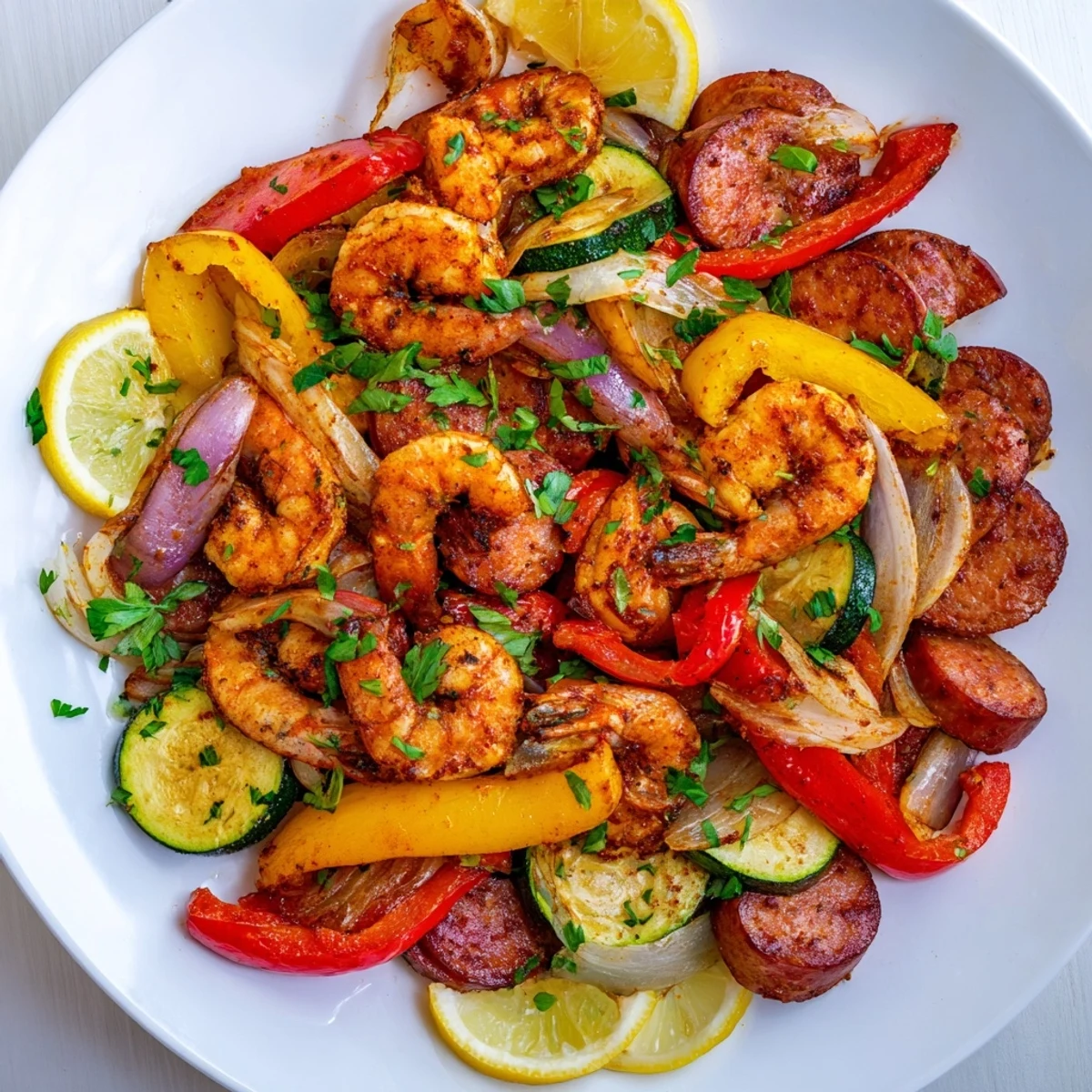 This one-pan Cajun Shrimp and Sausage dish offers juicy shrimp, spicy sausage, and tender vegetables, served with a fresh lemon wedge.