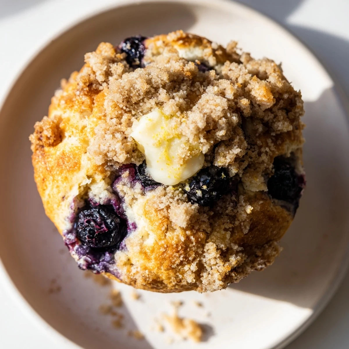 Glistening Lemon Blueberry Muffins with Streusel sit on a wooden board, their crumbly topping catching the morning light.  