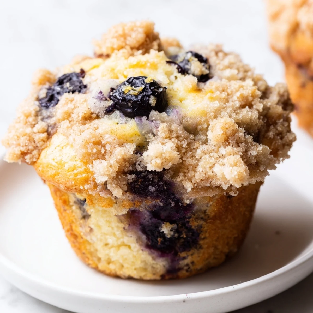 Freshly baked Lemon Blueberry Muffins with Streusel are arranged on a cooling rack beside bright lemon slices.  
