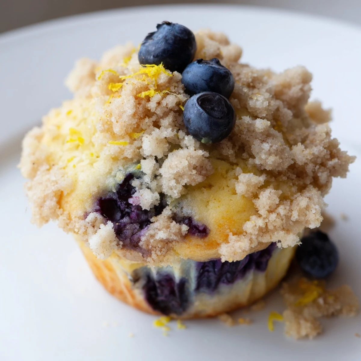 Golden-brown Lemon Blueberry Muffins with Streusel are piled in a white ceramic basket, ready for breakfast.