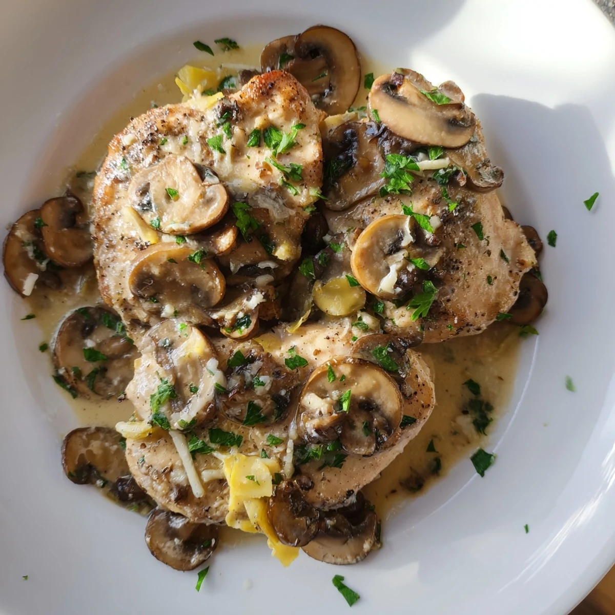 Tender chicken simmering in a rich, cheesy mushroom sauce in a skillet, perfect for a comforting dinner.  