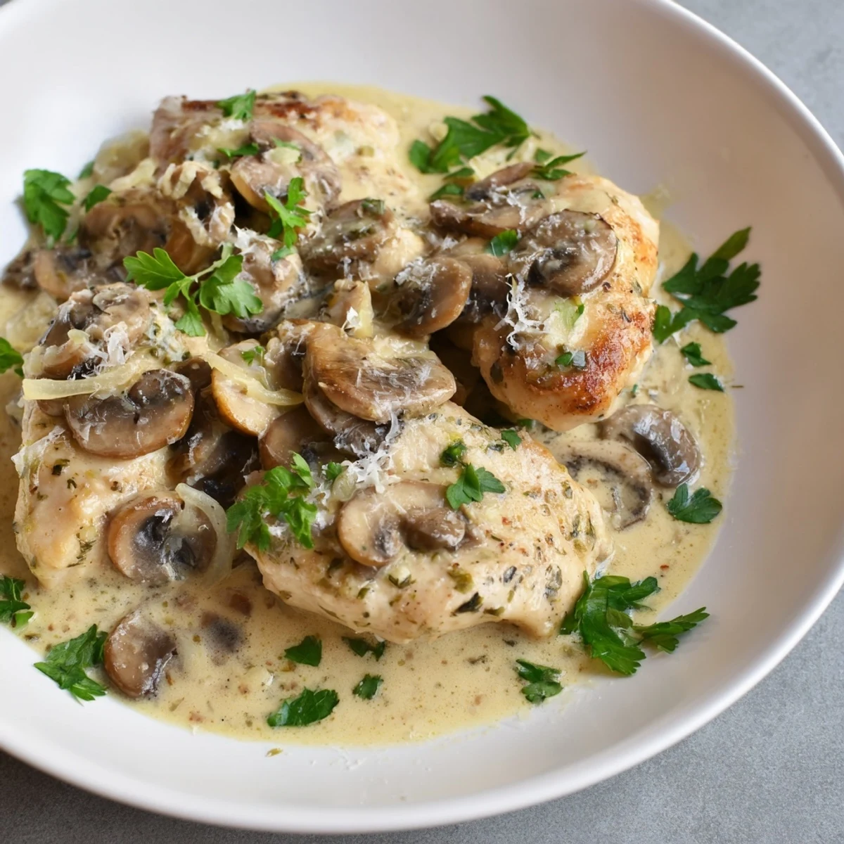 Golden brown chicken breasts bathed in a creamy garlic mushroom sauce, served over fettuccine with fresh parsley garnish.  
