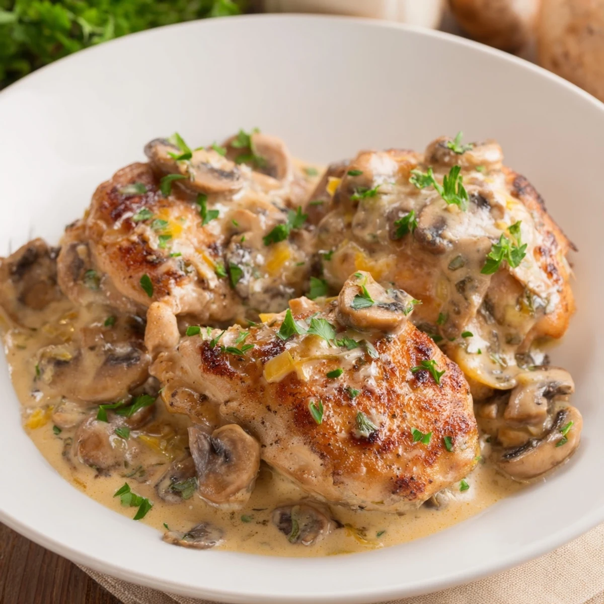 Savory Creamy Garlic Mushroom Chicken plated with mashed potatoes and sautéed mushrooms, showcasing a velvety, herb-infused sauce.