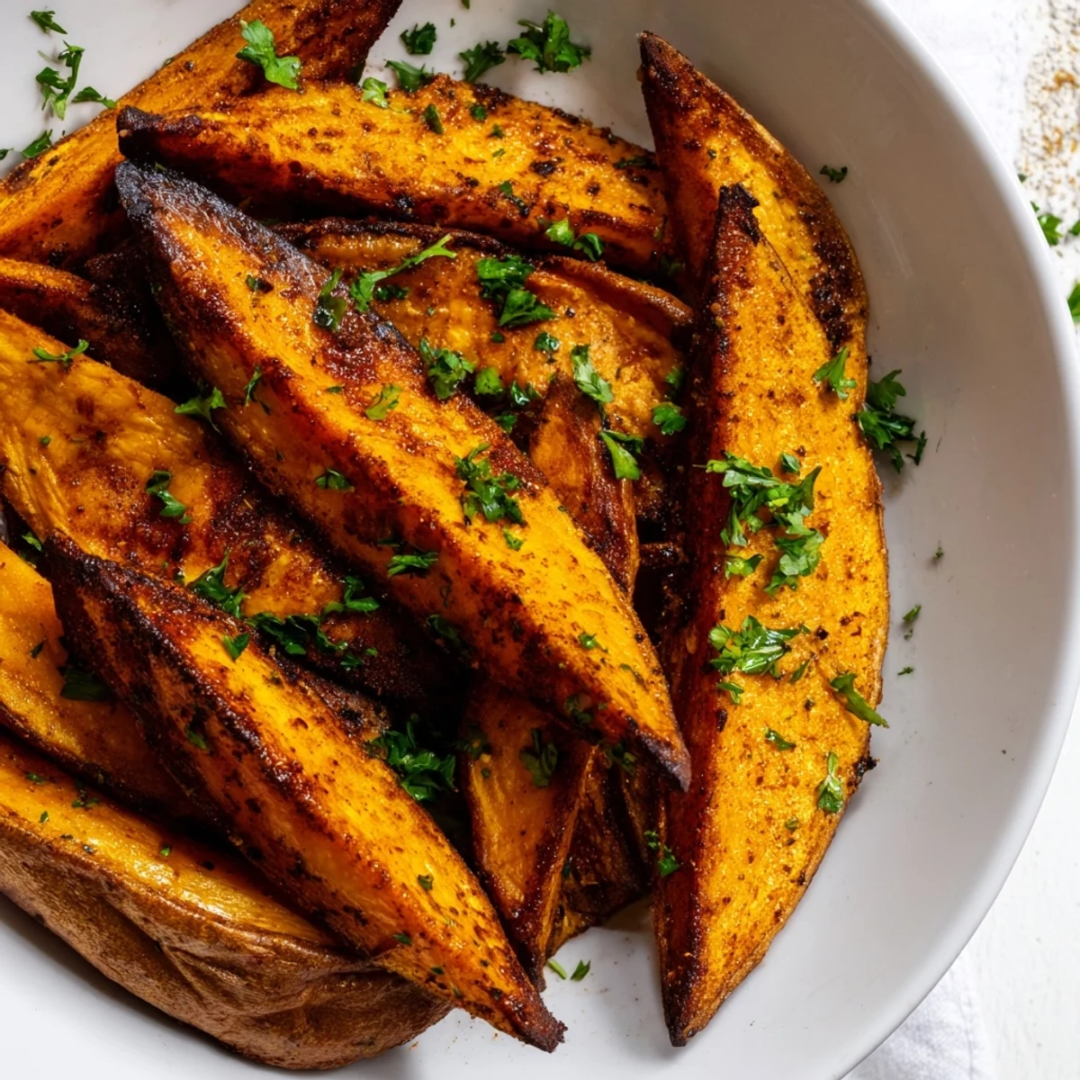 Roasted Sweet Potato Wedges with Paprika shine golden brown, crisped edges and tender centers on a platter with fresh parsley and lemon wedges.