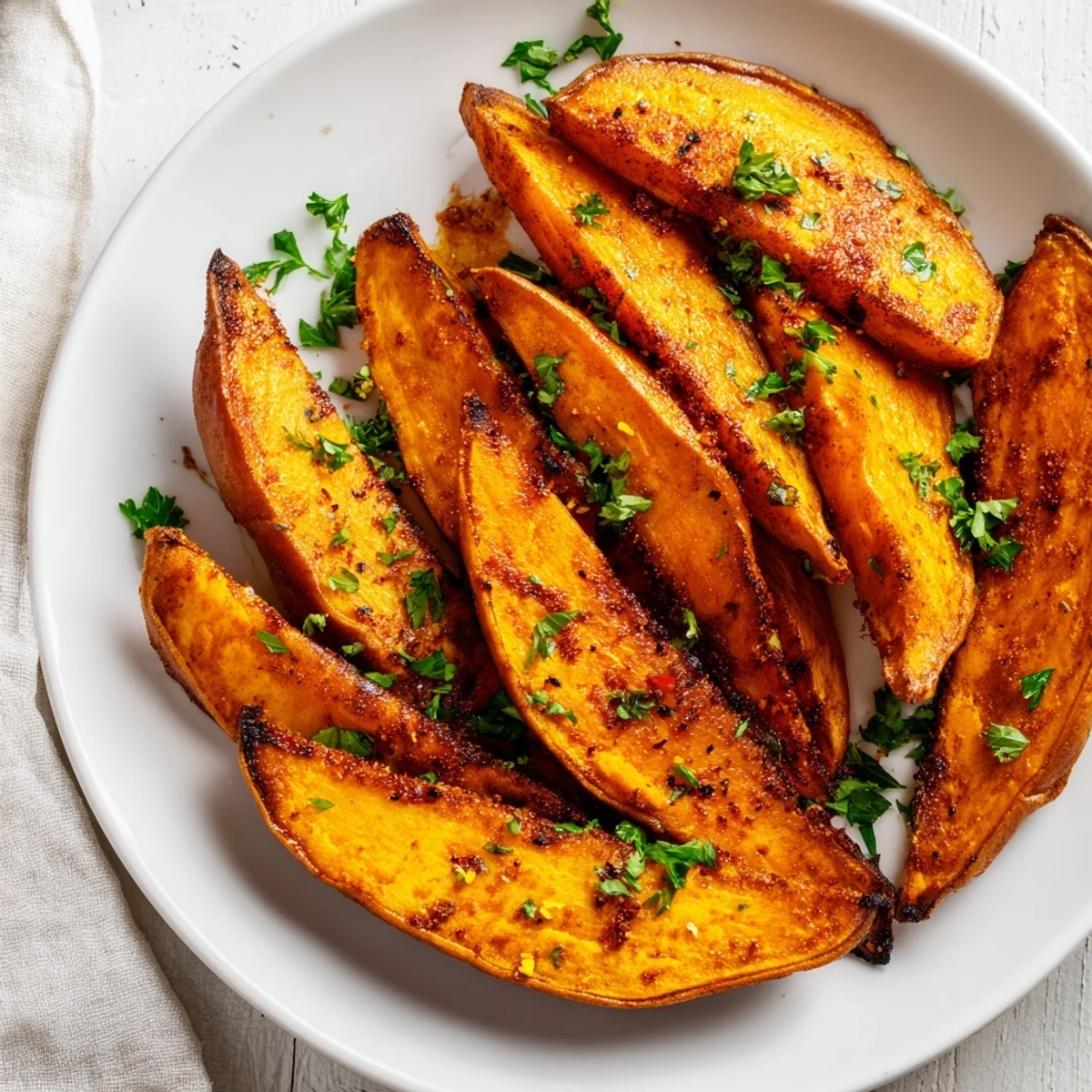 These Roasted Sweet Potato Wedges with Paprika are arranged on parchment, lightly dusted with smoked paprika, perfect for a healthy vegetarian side dish.