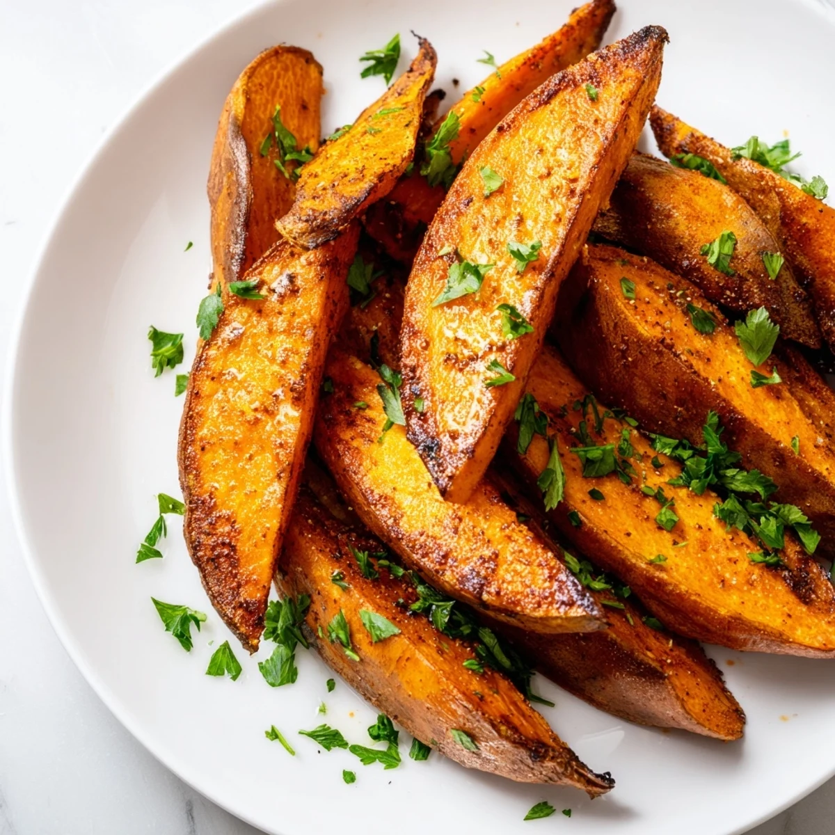 Close-up of Roasted Sweet Potato Wedges with Paprika highlighting their crispy texture, paired with a tangy lemon wedge and vibrant green parsley garnish.