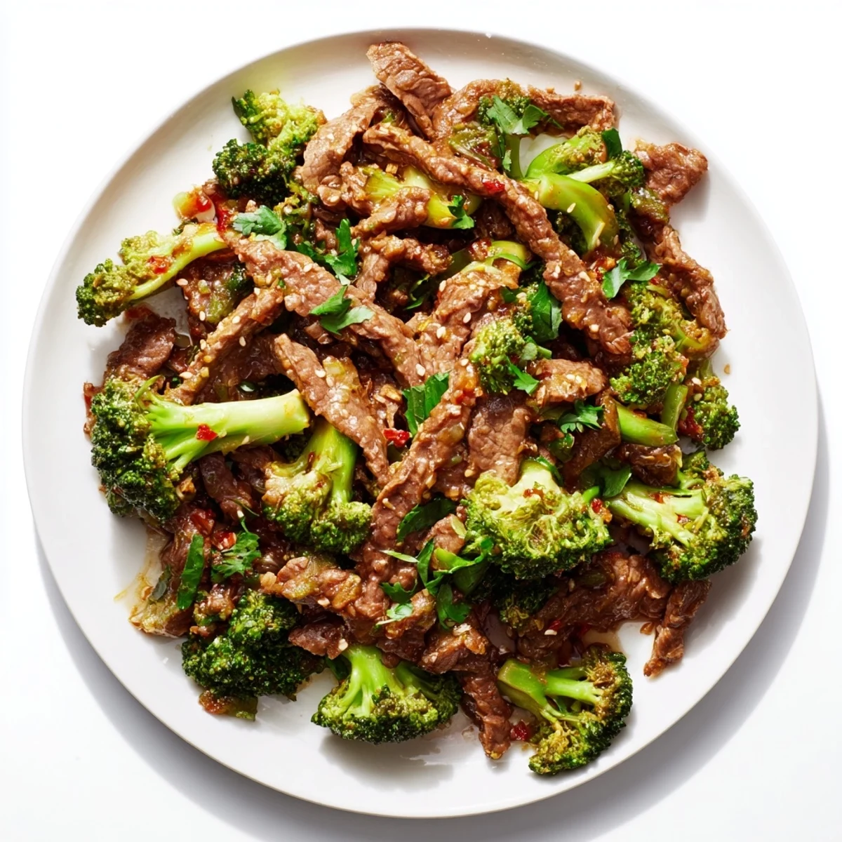 Bright red broccoli florets and seared beef strips glisten in a spicy sauce, garnished with green onions and sesame seeds.