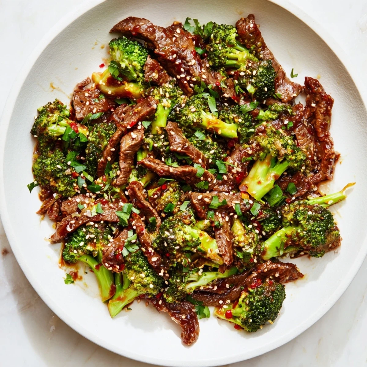 A close-up view of the spicy beef and broccoli stir fry shows tender beef nestled in a bold, glossy sauce.