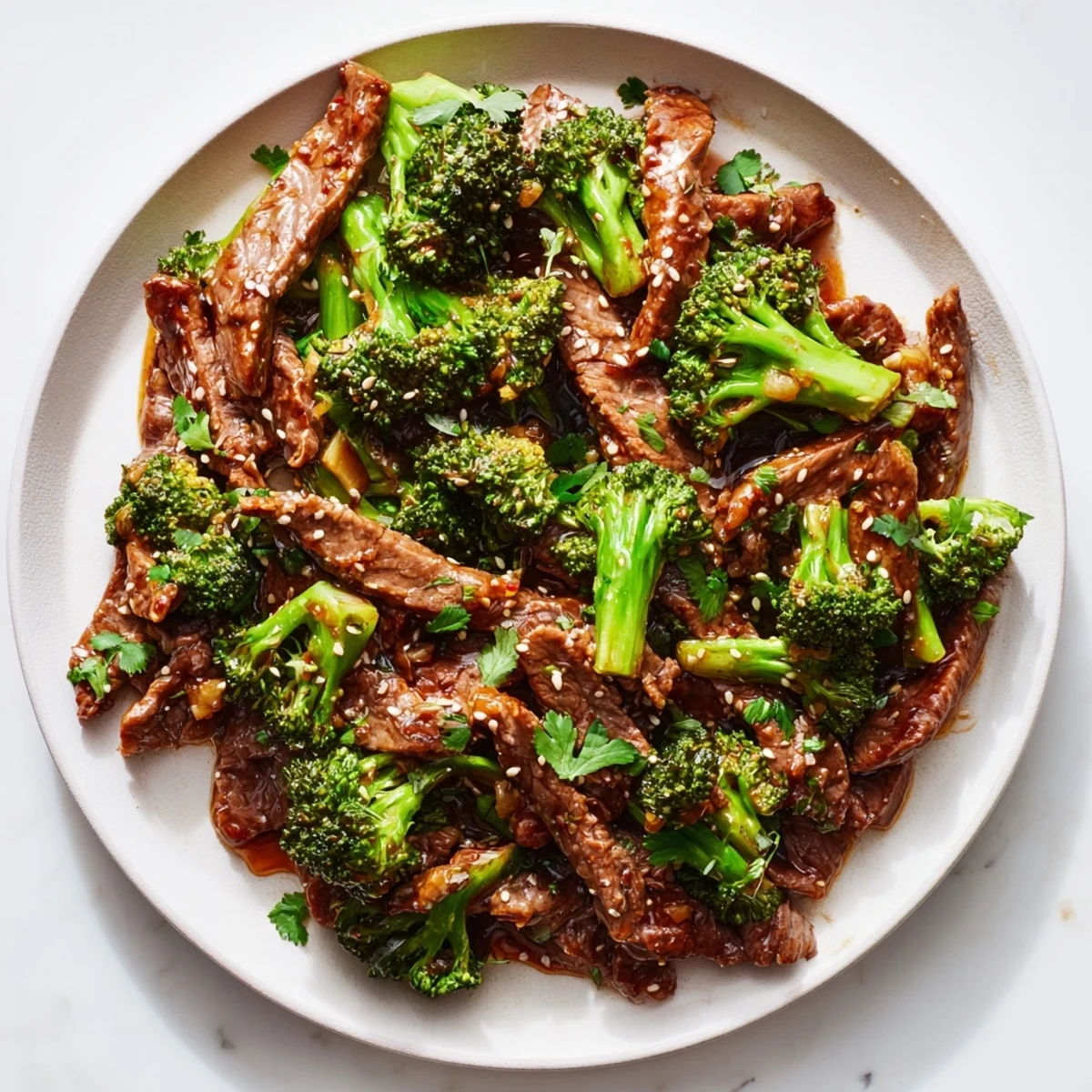 Serving suggestion for the spicy beef and broccoli stir fry, plated over steamed rice with fresh cilantro.