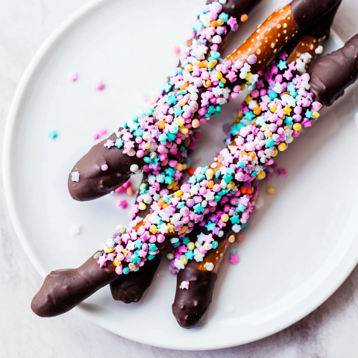 Four glossy pretzel rods coated in rich chocolate and topped with cheerful pastel sprinkles on a white plate.