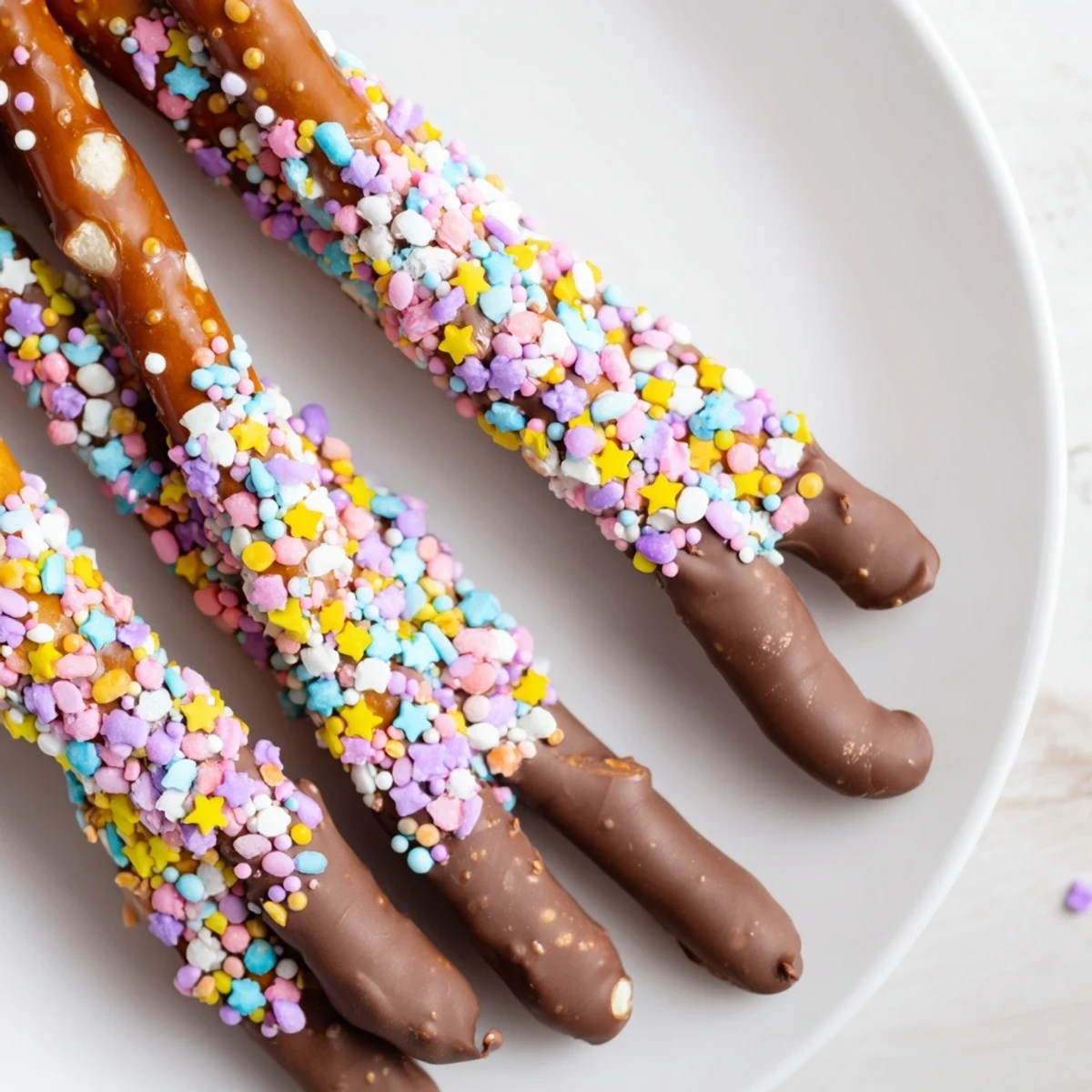 Decadent chocolate-covered pretzels with colorful sprinkles arranged neatly, perfect for party favors or sweet snacking.
