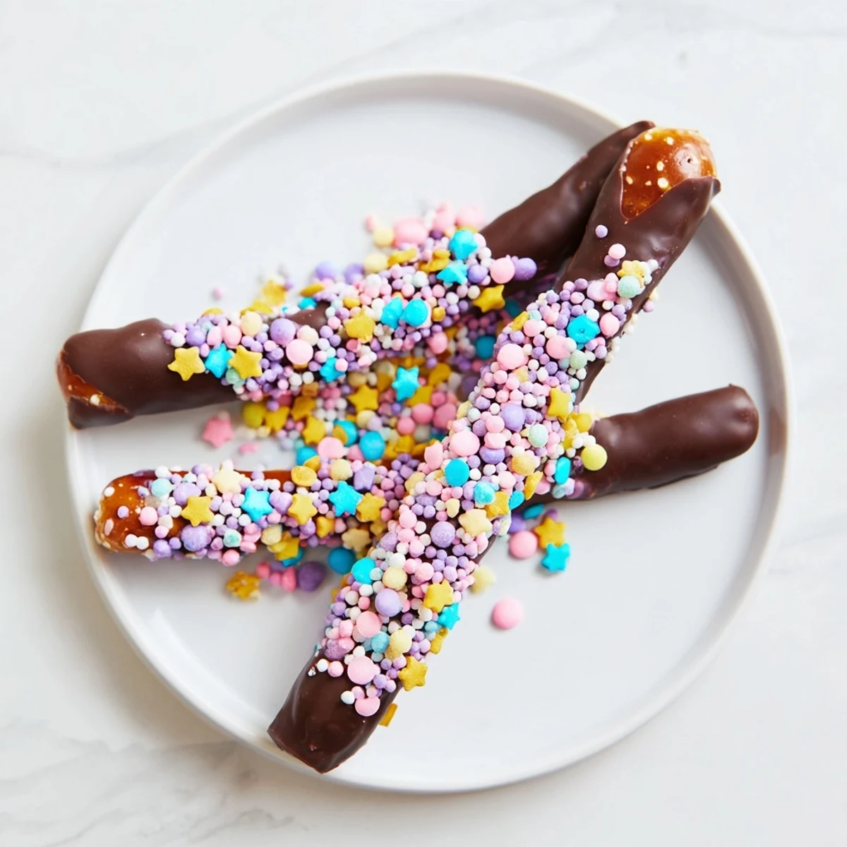 Hand-dipped pretzel rods with smooth chocolate glaze and bright sprinkles, set on a parchment-lined tray.