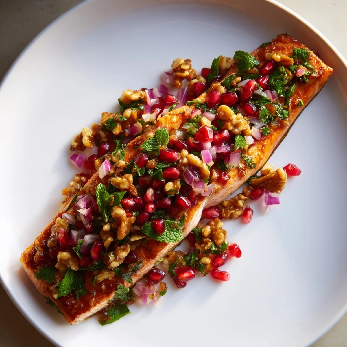 Golden baked salmon fillets glistening with olive oil, topped with a vibrant pomegranate walnut salsa for a colorful dinner.