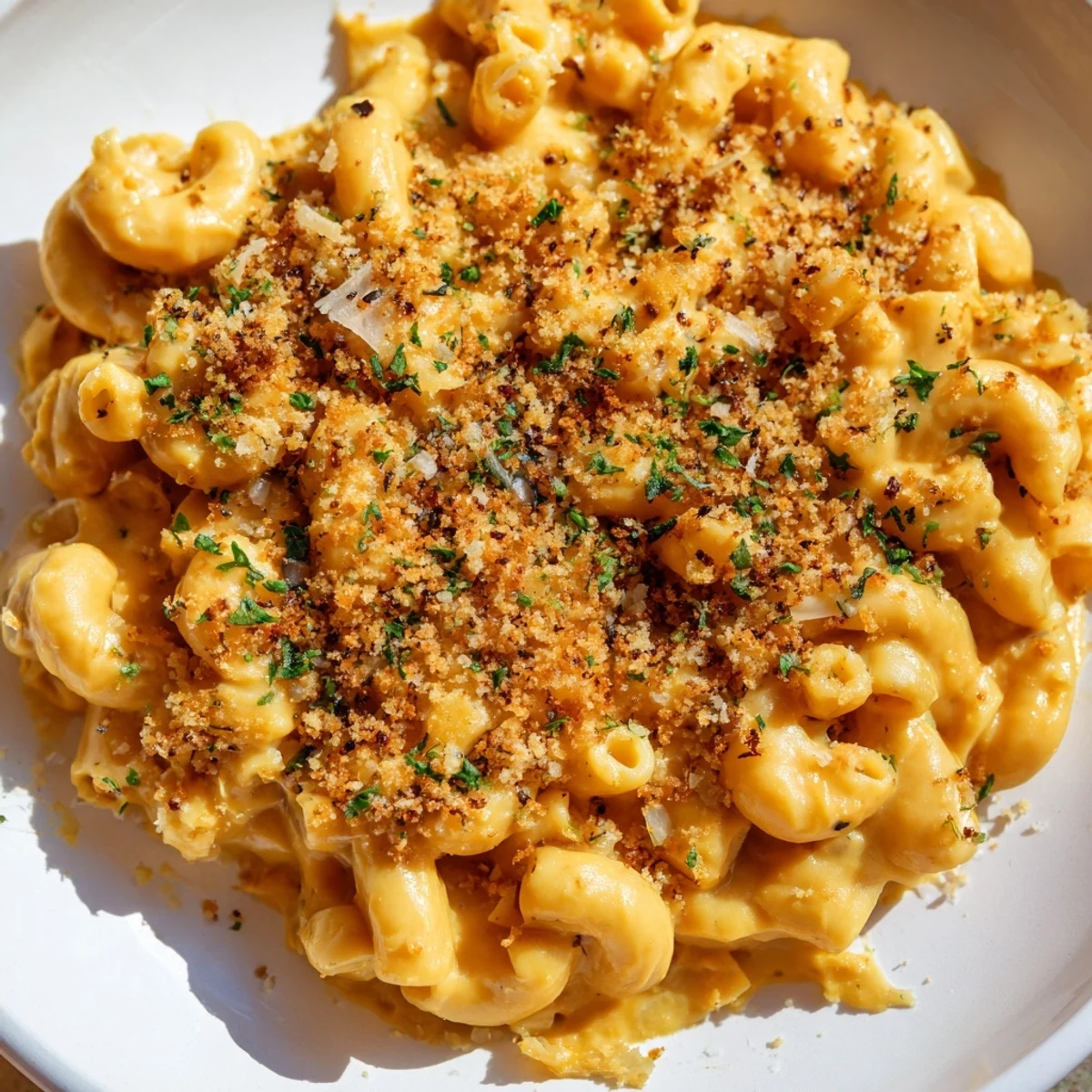 A close-up view of Vegan Butternut Squash Mac and Cheese garnished with fresh parsley and a crispy panko breadcrumb topping on a rustic plate.