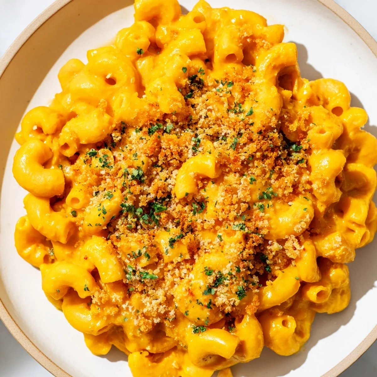 Steam rises from a bowl of Vegan Butternut Squash Mac and Cheese, highlighting the rich orange color and dairy-free creamy texture.